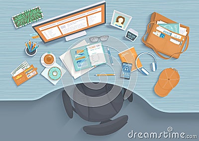 Table with recess, armchair, monitor, planner, headphones, phone. Modern and stylish workplace. Vector Illustration