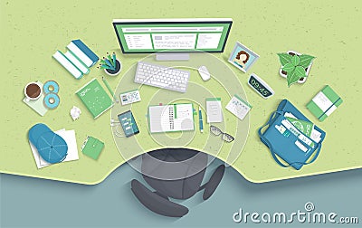 Table with recess, chair, monitor, books, notebook, headphones, phone. Modern and stylish workplace. Vector Vector Illustration