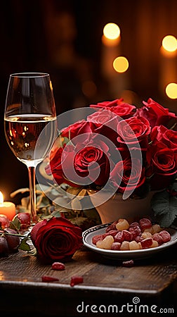 Table for romance Red wine candles roses Stock Photo
