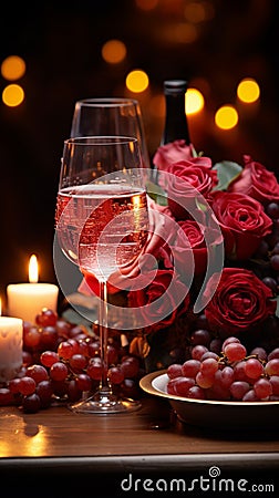 Table for romance Red wine candles roses Stock Photo