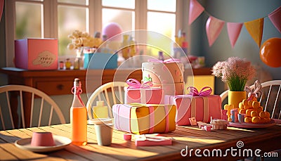 A table set with all the essentials for the ultimate birthday celebration, including a stunning cake - ai generated Stock Photo
