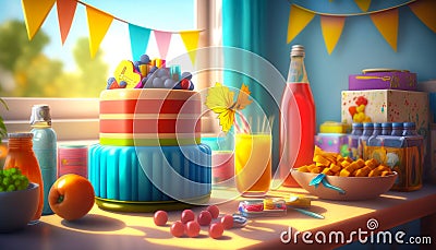 A table set with all the essentials for the ultimate birthday celebration, including a stunning cake - ai generated Stock Photo