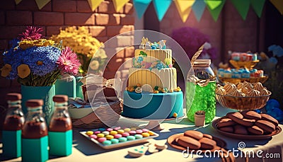 A table set with all the essentials for the ultimate birthday celebration, including a stunning cake - ai generated Stock Photo