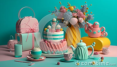 A table set with all the essentials for the ultimate birthday celebration, including a stunning cake - ai generated Stock Photo