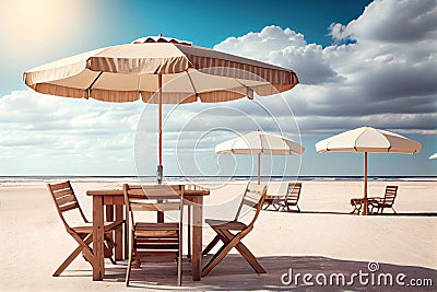 The table set, chairs and umbrella with beach and sky background. Concept for rest, relaxation. Generative AI. Stock Photo