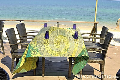 Table set near the Datai Bay beach, Langkawi, Malaysia Stock Photo