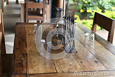 Table set restaurant. Exterior, terrace, Professional. Stock Photo