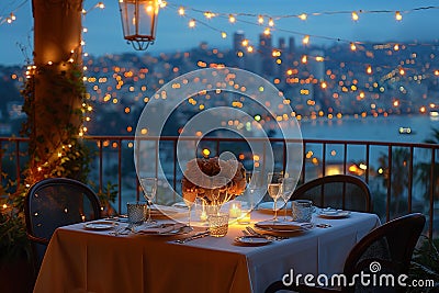 A table set for two on a rooftop overlooking city lights, creating a romantic ambiance Stock Photo