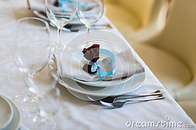 Table setting,restaurant serving,restaurant interior,empty glass Stock Photo