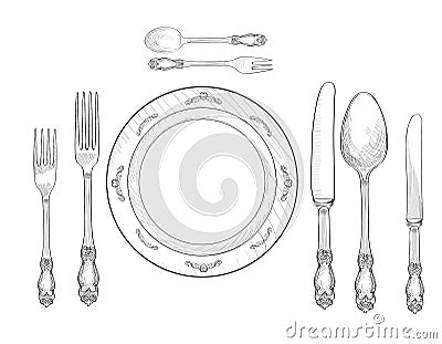 Table setting set. Fork, Knife, Spoon, plate sketch set. Cutlery Cartoon Illustration