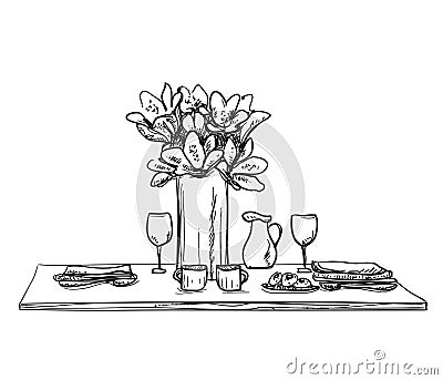 Table setting set. Weekend breakfast or dinner. Vector Illustration