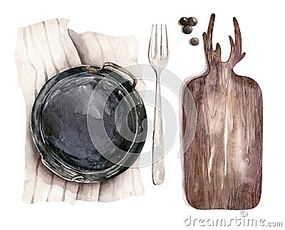 Table setting, top view. Watercolor hand drawn illustrations type of plate, fork, spoon, knife, wooden cuttig board, pan Cartoon Illustration