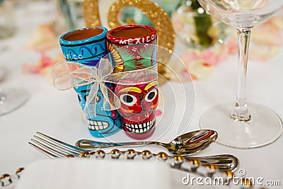 Table setup and mexican shots wedding guest table, reception layout tequila Stock Photo