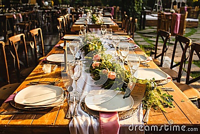 Table setup, wedding guest table, reception layout vintage and rustic Stock Photo