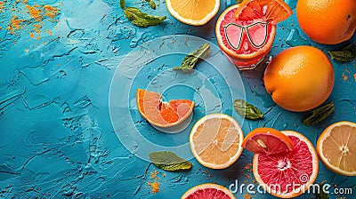 Table With Sliced Oranges and Grapefruits Stock Photo