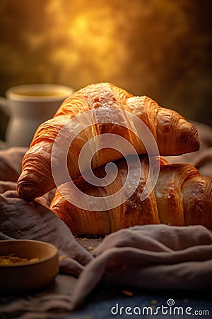 background sweet cup croissant bokeh bakery drink breakfast morning table food background. Generative AI. Stock Photo