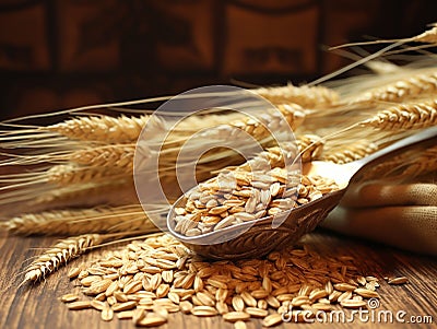 on the table a spoon ful of wheat and the ears of wheat Stock Photo