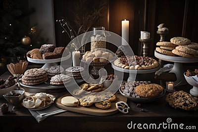 table spread with holiday cookies and pastries, ready for gifting Stock Photo