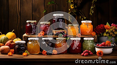 Table spread with a variety of fruit jams and preserves Stock Photo