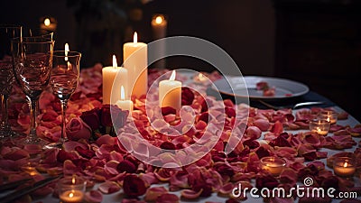 the table is strewn with scarlet rose petals and candles are burning, a romantic atmosphere generative ai Stock Photo