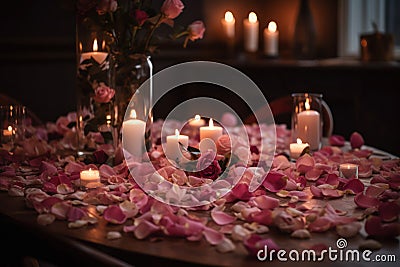 the table is strewn with scarlet rose petals and candles are burning, a romantic atmosphere generative ai Stock Photo