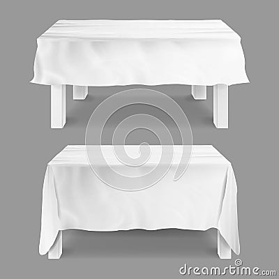 Table With Tablecloth Set Vector. Empty Rectangular Tables With White Tablecloth. On Gray Illustration Vector Illustration