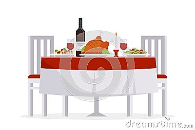 Table with tasty dishes and two chairs vector flat illustration. Romantic dinner in the restaurant concept isolated on Vector Illustration