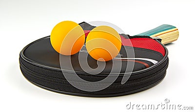 table tennis paddle, case and balls Stock Photo