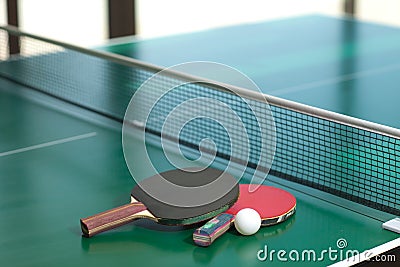 Table tennis rackets and ball Stock Photo