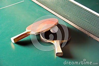 Table tennis rackets with ball Stock Photo