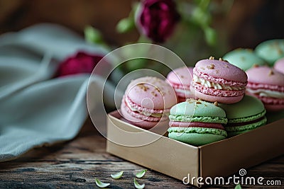 On the table there is a box with colorful pastries - macaroons and flowers. A beautifully packaged dessert is a wonderful holiday Stock Photo