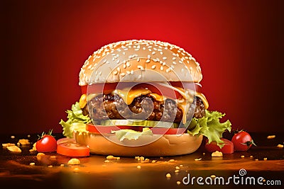 A delicious beef cheeseburger sits on a wooden table Stock Photo