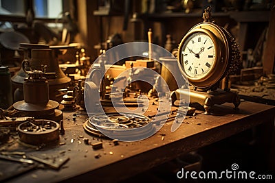 Table with tools and clockwork details, clock mechanisms disassembled for repair Stock Photo