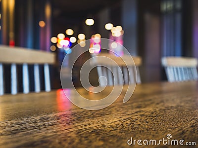 Table top Bar counter desk Seats Blurred colourful lighting Stock Photo