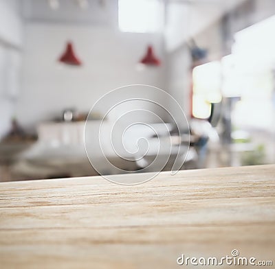 Table top counter bar with blurred kitchen background Stock Photo