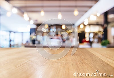 Table top Counter with Blurred Restaurant Shop interior background Stock Photo