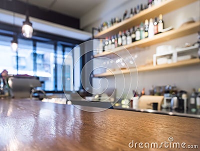 Table top counter with Kitchen shelf Cafe Bar background Stock Photo