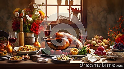 Table top set with food turkey vegetables, fruits wine glasses flowers. Turkey as the main dish of thanksgiving for the harvest Vector Illustration