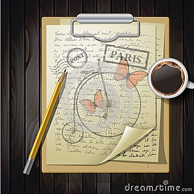 Table top with sketching paper and butterfly Vector Illustration