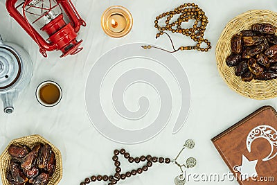 Table top view aerial image of decoration Ramadan Kareem holiday background.Flat lay essential objects halal meal set for fasting Stock Photo