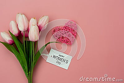 Table top view aerial image of decorations for international women`s day holiday concept background.Flat lay sign of season the Stock Photo