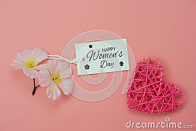 Table top view aerial image of decorations for international women`s day holiday concept background.Flat lay sign of season the Stock Photo