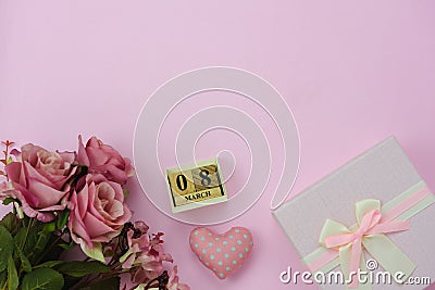 Table top view aerial image of decorations for international women`s day holiday concept background.Flat lay sign of season the Stock Photo