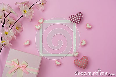 Table top view aerial image of decorations for international women`s day holiday concept background.Flat lay sign of season the Stock Photo