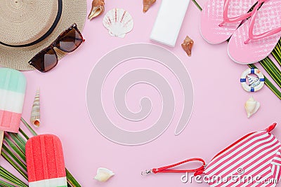 Table top view aerial image of fashion to travel in summer holiday background. Stock Photo