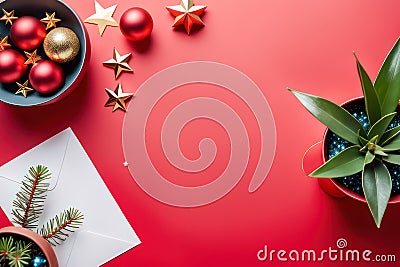Table top view, with decorations, stars balls, pot plant, gift, on tabl, space for title greetings information, Red color table Stock Photo