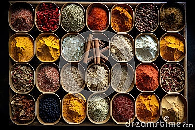 Table top view of huge variety of Indian spices. Stock Photo