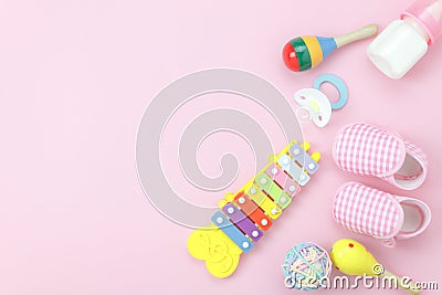 Table top view kids toys for develop background concept. Stock Photo