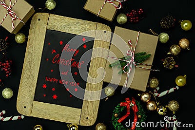 Table top view of Merry Christmas decorations & Happy new year ornaments concept.Flat lay essential difference objects gift box & Stock Photo