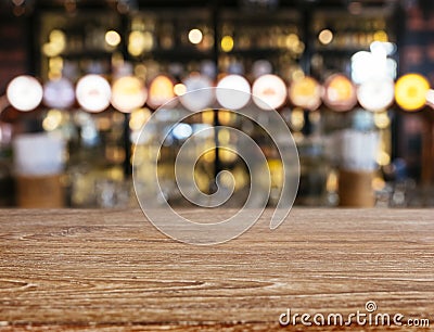 Table Top wooden Counter Blur Bar Beer pub background Stock Photo